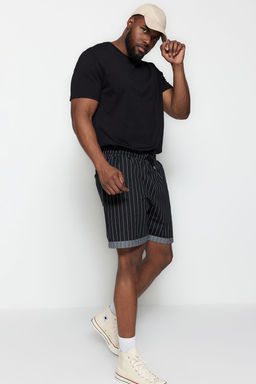 Buyuk Beden Siyah Regular Rahat Cizgili %100 Pamuk Sort TMNSS23SR00045