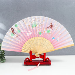 Веер складной h=21 см Зайчики у сакуры, розовый, с кисточкой