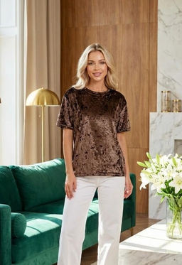 K13349 Футболка велюровая свободного кроя КОРИЧНЕВЫЙ