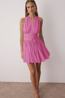 Mavi Belden Ac?lan/Skater Dusme Detayl? Sifon K?sa/Mini Elbise TPRSS25EL00319 - Trendyolmilla фото 14