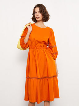 Bisiklet Yaka Nak??l? Balon Kollu Poplin Kad?n Elbise