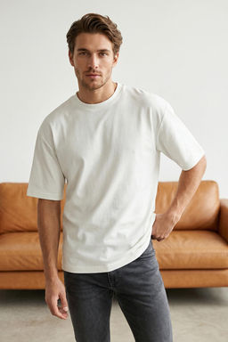 Ekru Loose/Dusuk Omuz %100 Pamuklu Basic T-Shirt TMNSS25TS00162
