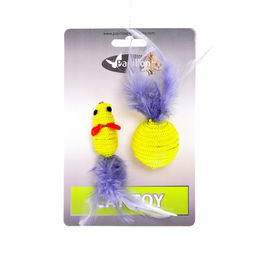 Игрушка "Мышка и мячик с перьями" 5+4см желтые (Cat toy mouse 5 cm and ball 4 cm with feather on card) 240065 240065