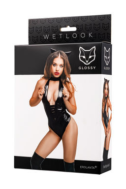 Боди Glossy Kitti с ушками на ободке из материала Wetlook, черное, M