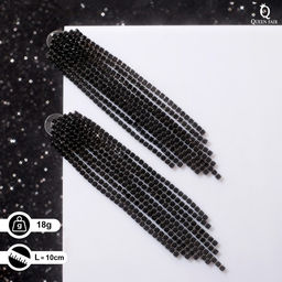 Серьги висячие со стразами Водопад домик, чёрные в сером металле,10 см