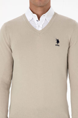 Erkek Slim Fit V Yaka A__k Haki Basic Kazak