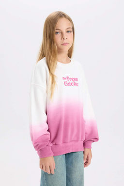 K?z Cocuk Oversize Genis Kal?p Bisiklet Yaka Degrade Bask?l? Sweatshirt - Defacto фото 2