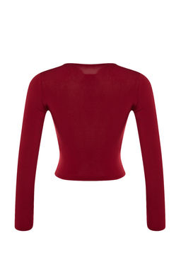 Bordo Dik Yaka Fitted/Vucuda Oturan Uzun Kol Buzgulu Esnek Orme Bluz TWOAW23EL01391