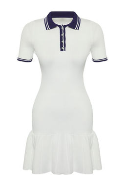 Ekru Renk Bloklu Mini Polo Yaka Triko Elbise TWOSS25EL00308