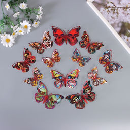 Наклейка бумага, пластик Бабочки на Хэллоуин, красные, набор 12 шт.