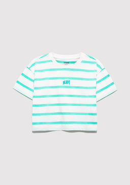 Mavi Logo Bask?l? Yesil Cizgili Crop Tisort