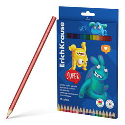 АКЦИЯ Цена за 10 шт. Цветные карандаши пластиковые ErichKrause Jolly Friends шестигранные, грифель 3 мм, 18 цветов (в коробке с европодвесом 18 шт)