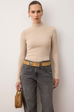 Bej Fitted/Vucuda Oturan Dik Yaka Uzun Kol Fitilli Esnek Orme Bluz TWOAW21BZ0423