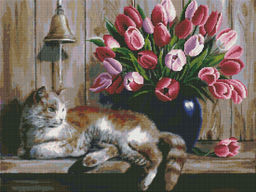 Вышивка крестиком 40х50см, Кот и тюльпаны