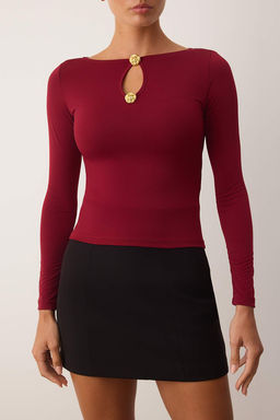 Bordo Fitted/Vucuda Oturan Aksesuar/Cut out Detayl? Uzun Kollu Esnek Orme Bluz TWOAW26BZ00130
