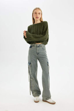 Женский плетеный трикотажный свитер обычного кроя с круглым вырезом и волосами - Defacto фото 2