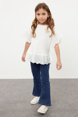 Ekru K?z Cocuk %100 Pamuk Brode Detayl? K?sa Kol Orme T-Shirt/Bluz TKDSS24TS00008 - Trendyolmilla фото 4