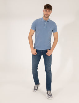Koyu Mavi Slim Fit Eskitme Polo Yaka Ti__rt
