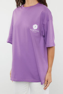 TRENDYOLMILLA Lacivert %100 Pamuk S?rt Bask?l? Oversize/Genis Kal?p Bisiklet Yaka Orme T-Shirt TWOSS23TS00321  фото 28