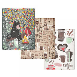 Полотенце кухонное 50х60см "Котофей и кофе", набор 3шт, рогожка 156г/м2, хлопок 100%, на картоне, "Домашняя мода" (Россия)