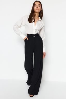 Siyah Kemerli Wideleg/Genis Paca Yuksek Bel Smart Krep Kumas Orme Pantolon TWOSS23PL00330