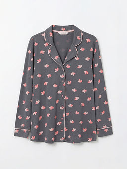 G?mlek Yaka Kalp Bask?l? Kad?n Pijama Tak?m