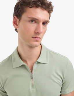 _a_la Slim Fit %100 Pamuk K_vr_lmaz Fermuarl_ Polo Yaka Basic Ti__rt