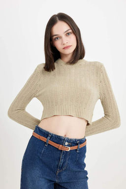 Женский вязаный трикотаж с круглым вырезом обычного кроя, свитер с отверстиями - Defacto фото 3