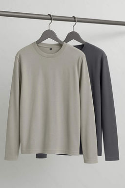 Antrasit-Gri 2li Paket %100 Pamuk Uzun Kol Regular/Normal Kesim T-Shirt TMNAW24TS00001