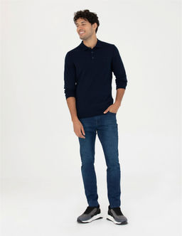 Lacivert Regular Fit Polo Yaka Y_n Kar___ml_ Basic Triko Kazak