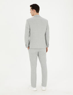Gri Slim Fit Keten Kar___ml_ _izgili Tak_m Elbise