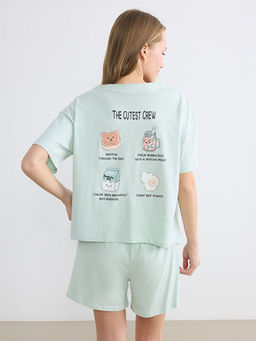 Bisiklet Yaka Bask?l? Kad?n ?ortlu Pijama Tak?m?