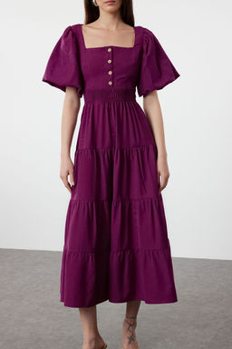 Murdum Belden Ac?lan Gipe ve S?rt Detayl? Kare Yaka Maxi Dokuma Elbise TWOSS24EL00431