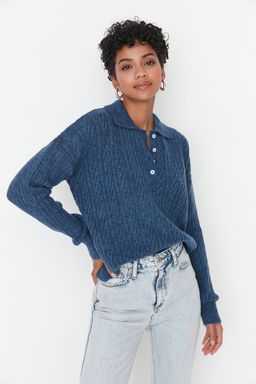 Indigo Genis Kal?p Yumusak Dokulu Triko Kazak TWOAW21KZ2635