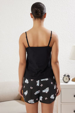 Trendyolmilla Siyah %100 Pamuklu Fil Desenli Kurdele/Fiyonklu Sortlu Orme Pijama Tak?m? THMSS25PT00170