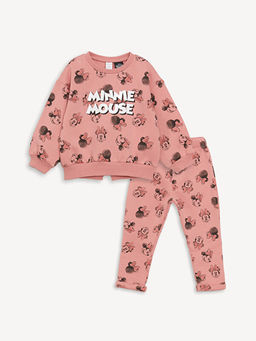 Bisiklet Yaka Uzun Kollu Minnie Mouse Bask?l? K?z Bebek Sweatshirt ve Tayt 2li Tak?m