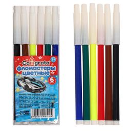 Цена за 24 шт. Фломастеры 6 цветов Calligrata Машинка, невентилируемый колпачок