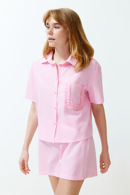 Trendyolmilla Pembe %100 Pamuklu Cep F?rf?r Detayl? Sortlu Dokuma Pijama Tak?m? THMSS24PT00150