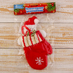 Мягкая подвеска Варежка - Снеговик, блестящие полосочки 20х10 см, красный - Зимнее волшебство фото 2