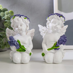 Фигурка полистоун Белоснежный ангел с лавандой, в венке из лаванды, 10.2?6.8?5.3 см, МИКС