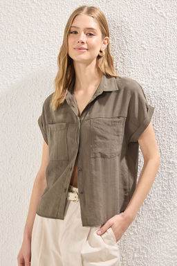 Haki Modal Kumas Regular Normal Kal?p K?sa Kol Dokuma Gomlek TWOSS25GO00093 - Trendyolmilla фото 2