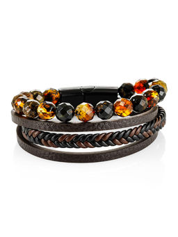Оригинальный браслет из кожи и натурального янтаря с алмазной огранкой Сильверстоун