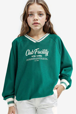 %100 Pamuk Oversize Geni_ Kal_p V Yaka Bask_l_ Okul Sweatshirt K_z _ocuk