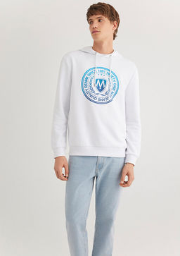 Muhur Logo Bask?l? Kapusonlu Beyaz Sweatshirt - Mavi фото 2