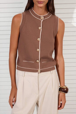 Ac?k Kahverengi Premium Iplik/Ozel Iplik Bisiklet Yaka Renk Bloklu Ince Bluz TWOSS25YE00066