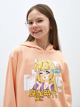 Bask?l? Uzun Kollu K?z ?ocuk Hoodie