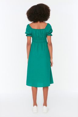 Yesil Skater/Belden Ac?lan Balon Kollu Astarl? Midi Dokuma Elbise TWOSS22EL1768