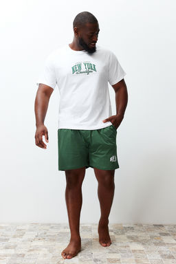 TRENDYOL MAN Ekru Yesil Regular Fit Bask?l? Buyuk Beden Sortlu Pijama Tak?m? TMNSS24AI00005