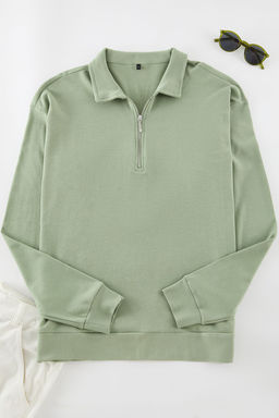 Ac?k Haki Oversize/Genis Kesim Fermuarl? Polo Yaka Sardonsuz Sweatshirt TMNAW25SW00111