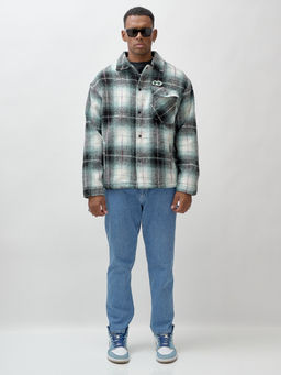 Куртка рубашка шерстяная в клетку мужская демисезонная зеленого цвета 58592Z